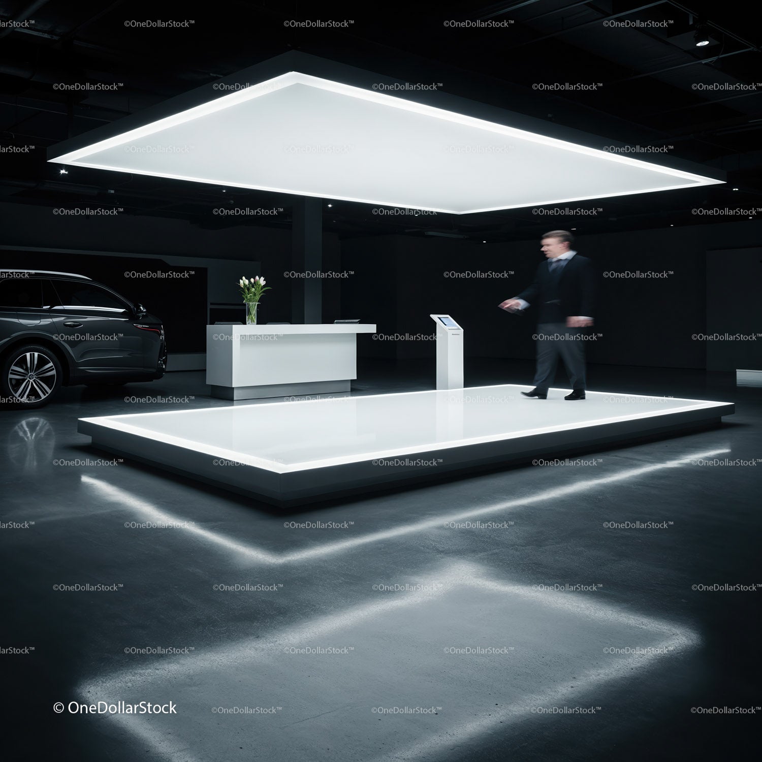 Modern showroom interior with illuminated display platform