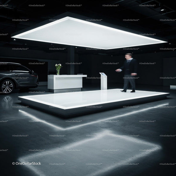 Modern showroom interior with illuminated display platform JPG Mockup Image