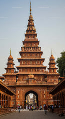 Red Sandstone Hindu Temple with Multiple Tiered Pagoda in India