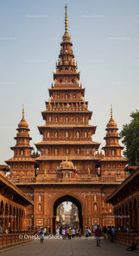 Red Sandstone Hindu Temple with Multiple Tiered Pagoda in India