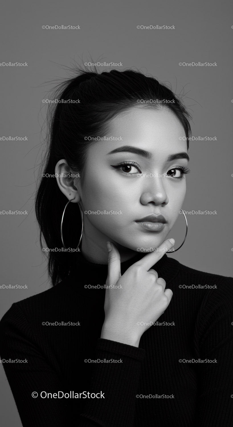 Elegant Black and White Portrait of Young Woman with Hoop Earrings