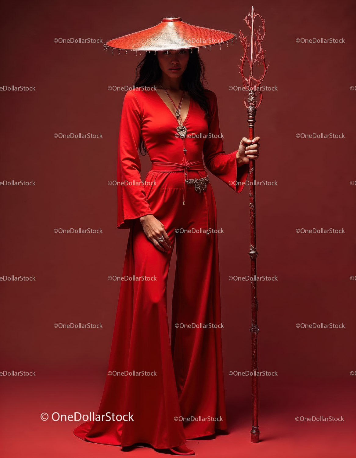 Elegant Woman in Red Dress with Accessories Against Red Background