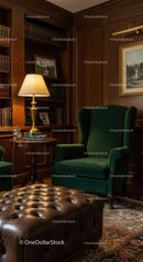 Cozy Classic Home Library with Green Armchair and Leather Ottoman