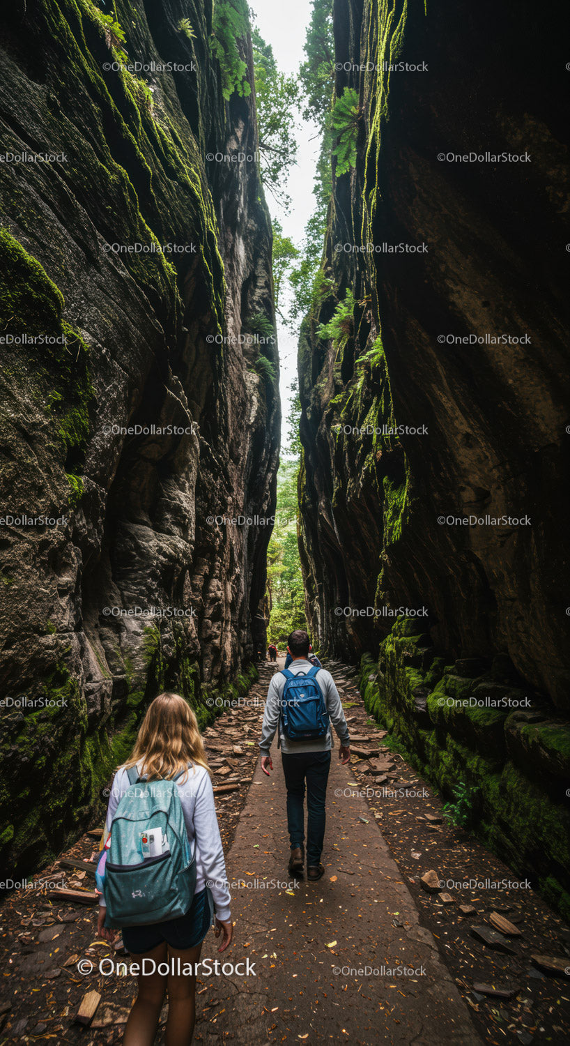 Hikers walking through narrow mossy canyon trail