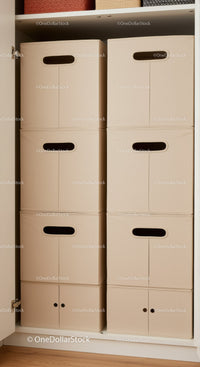 Stacked Beige Storage Boxes in Closet for Home Organization