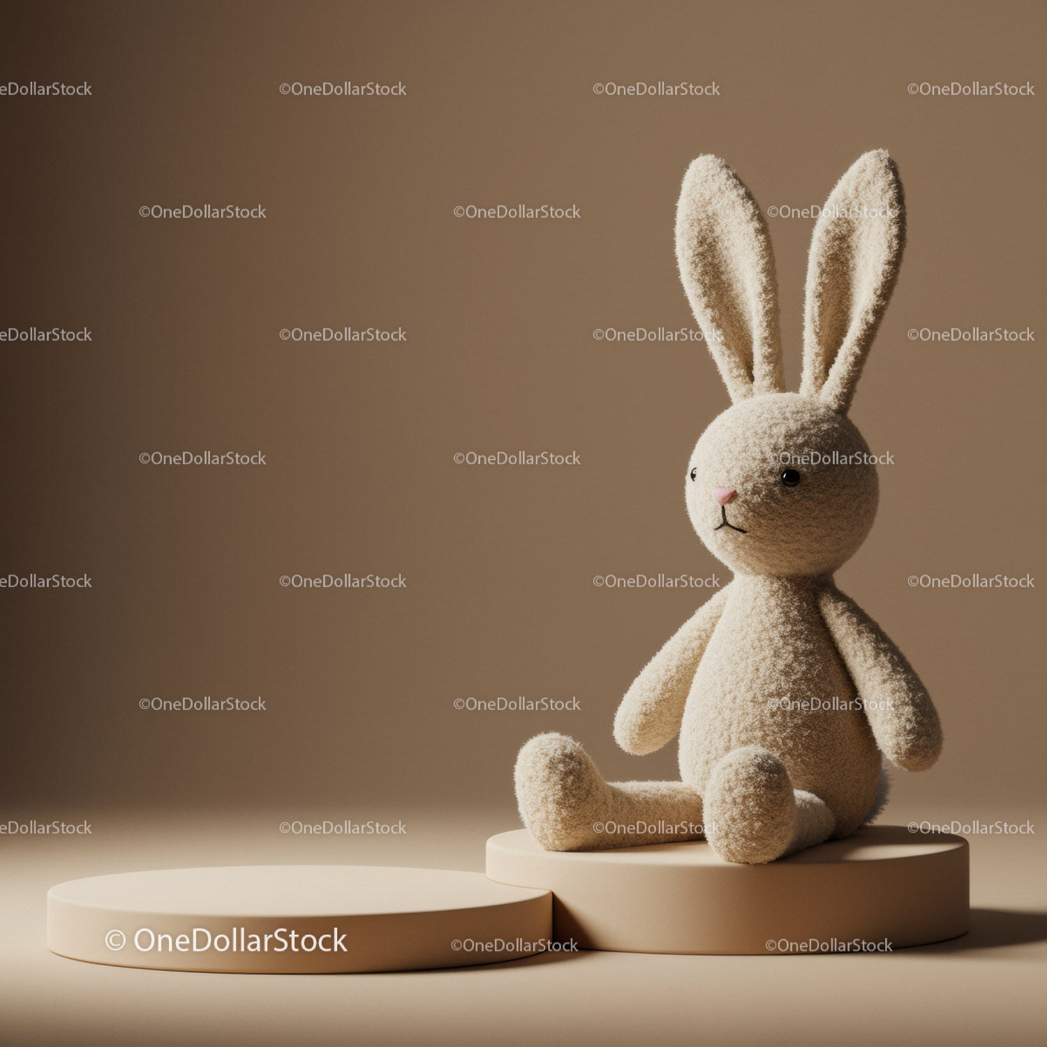 Soft Plush Bunny Sitting on Beige Pedestal