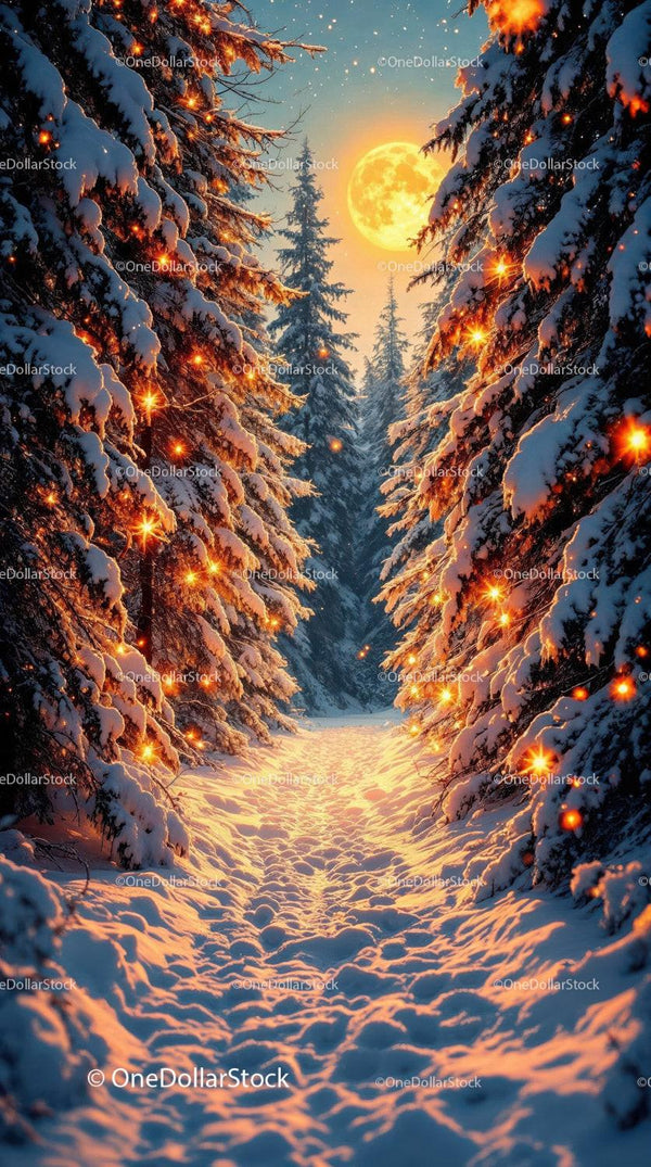 Snowy forest path glowing under full moonlight