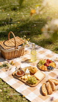 Cheese and Fresh Fruit Picnic on Checkered Blanket