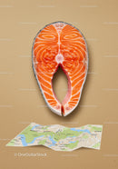 Fresh salmon steak above detailed travel map on beige