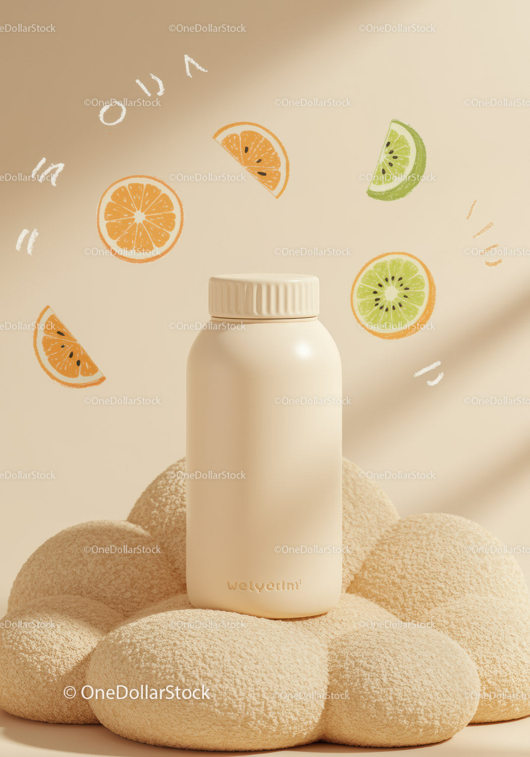 Minimalist Supplement Bottle with Citrus and Kiwi Illustrations