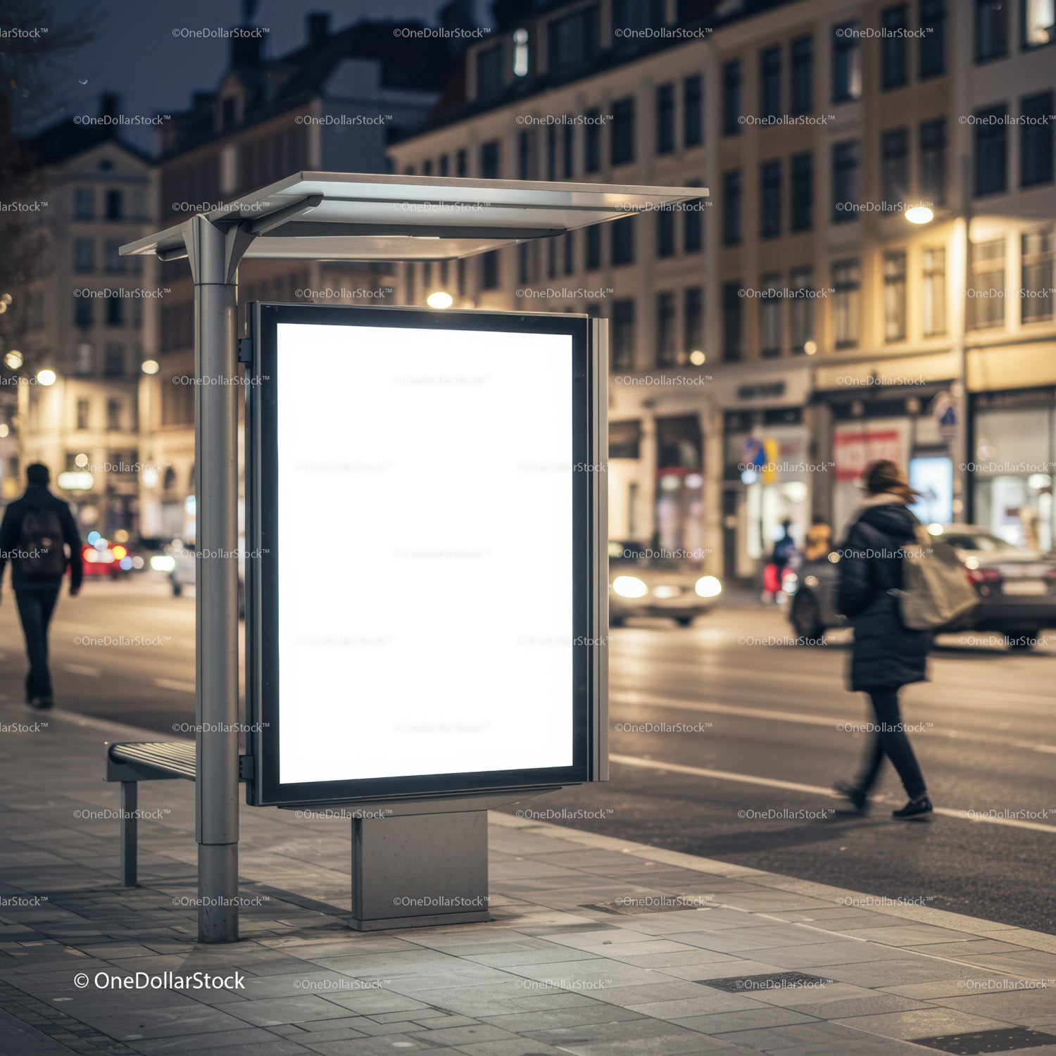 Empty illuminated billboard at city bus stop in evening
