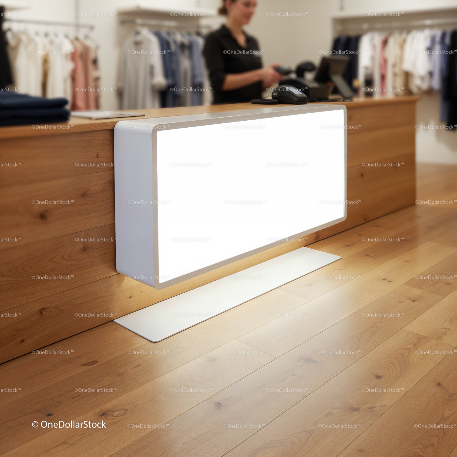 Modern clothing store checkout with illuminated sign