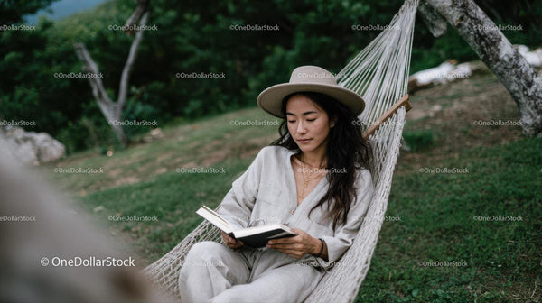 Woman Relaxing in Hammock Reading Book in Tranquil Nature Scene