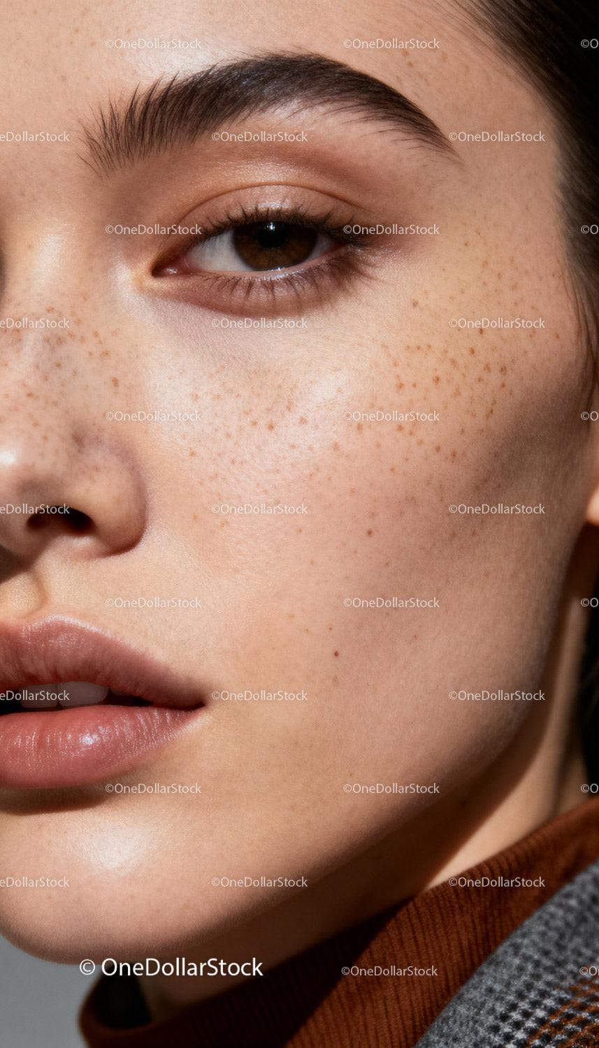 Close-up of natural freckled skin and soft lips