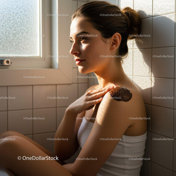 Young woman applying coffee scrub in bright bathroom