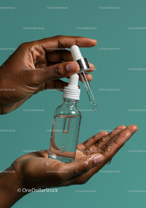 Hand Holding Glass Dropper with Liquid and Cosmetic Bottle JPG Mockup Image