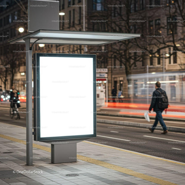 Illuminated blank billboard at urban street stop at night JPG Mockup Image