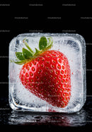 Fresh strawberry encased in a crystal clear ice cube