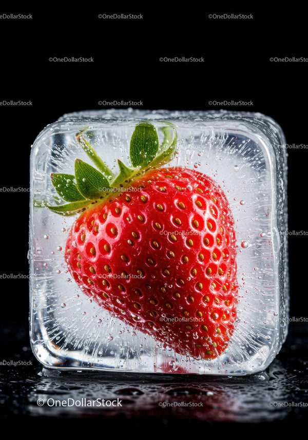 Fresh strawberry encased in a crystal clear ice cube