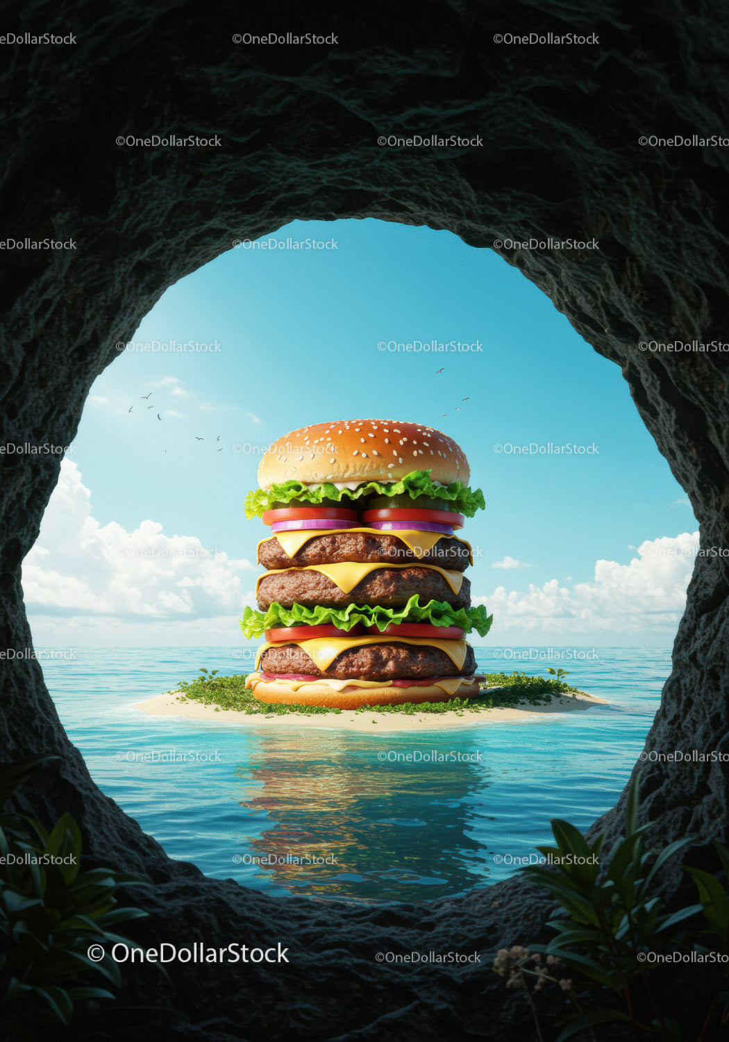 Triple cheeseburger island viewed from dark cave opening