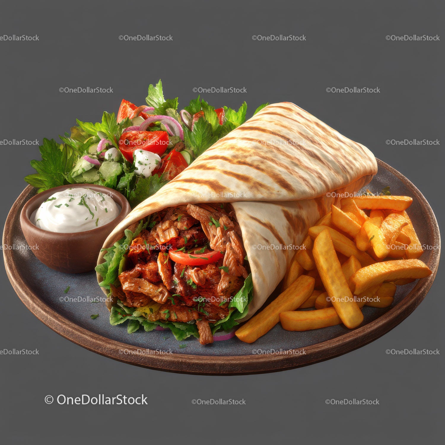 Grilled Beef Shawarma Wrap with French Fries and Fresh Salad