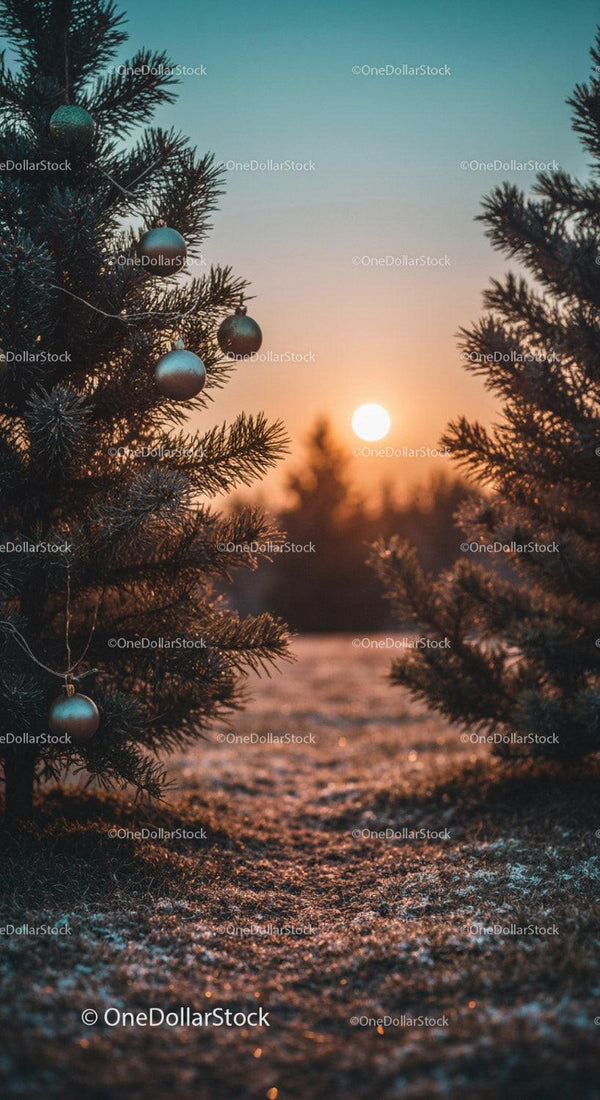 Sunset Glow Through Frosty Pine Trees with Christmas Balls