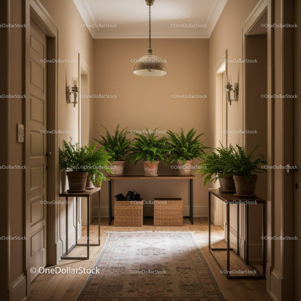 Elegant Hallway Decor with Potted Ferns and Warm Lighting
