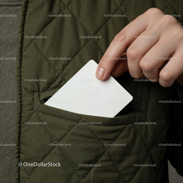 Hand Placing White Card into Quilted Jacket Pocket JPG Mockup Image