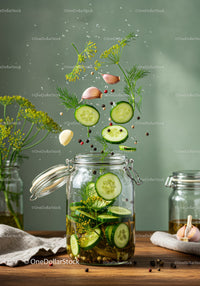 Fresh cucumber and herbs preparing for pickling jar