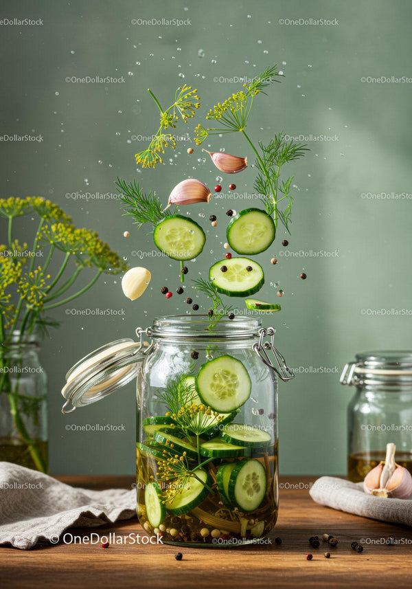 Fresh cucumber and herbs preparing for pickling jar
