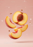 Fresh peach fruit slices floating on soft pink background