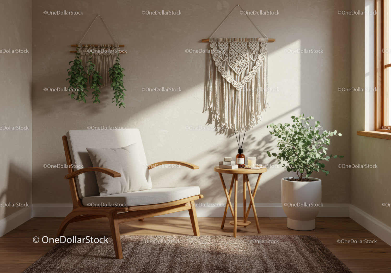 Cozy corner with wooden armchair and indoor plants