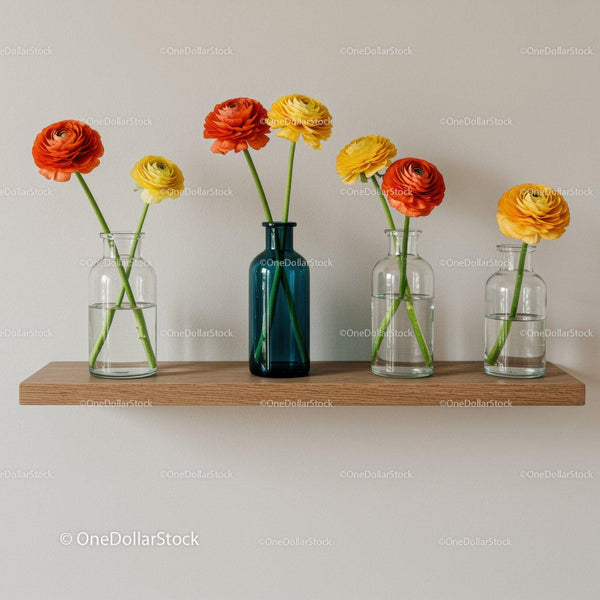 Colorful Ranunculus Flower Bouquet in Glass Vases on Wooden Shelf