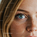 Close-up of blue eye with freckles and blonde hair