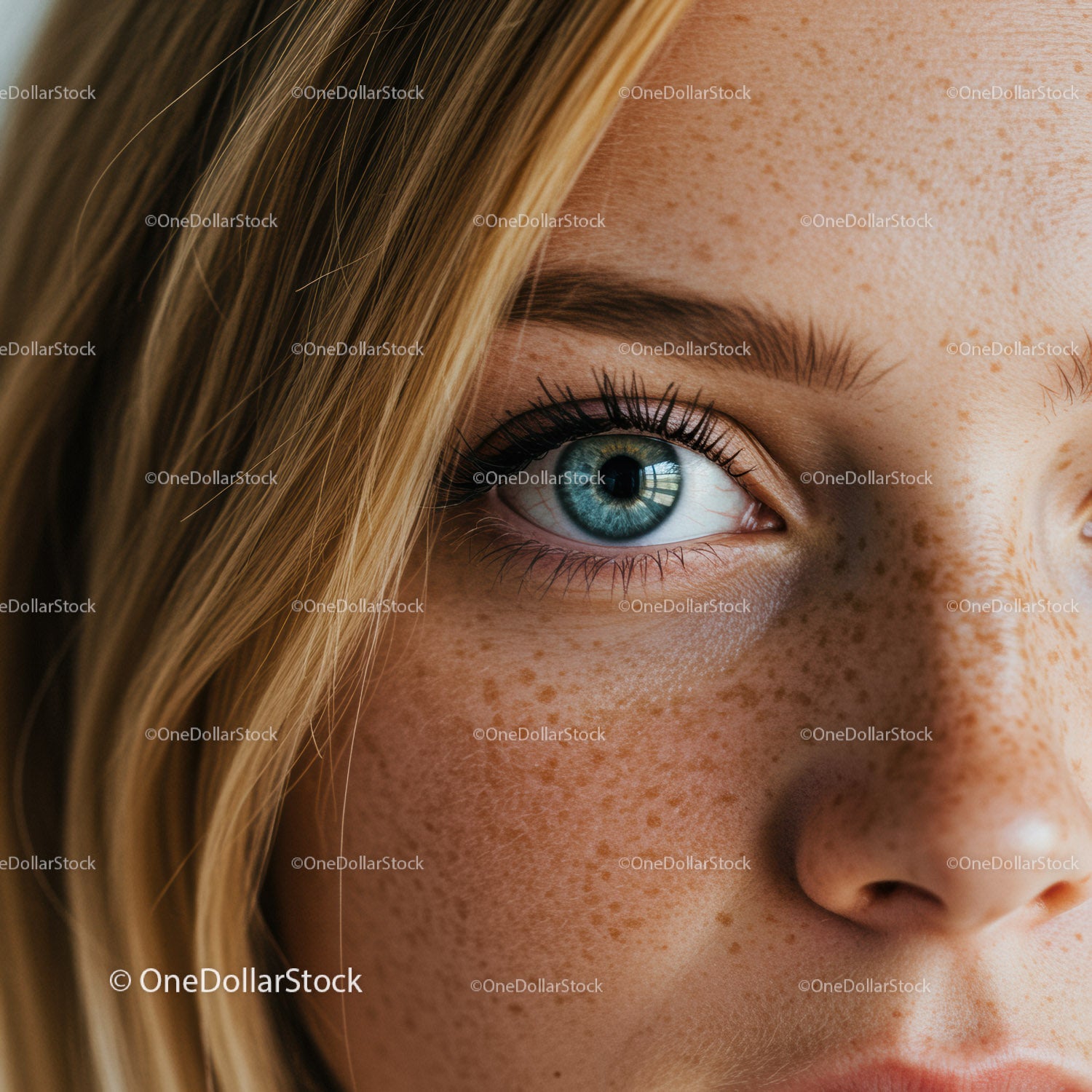 Close-up of blue eye with freckles and blonde hair