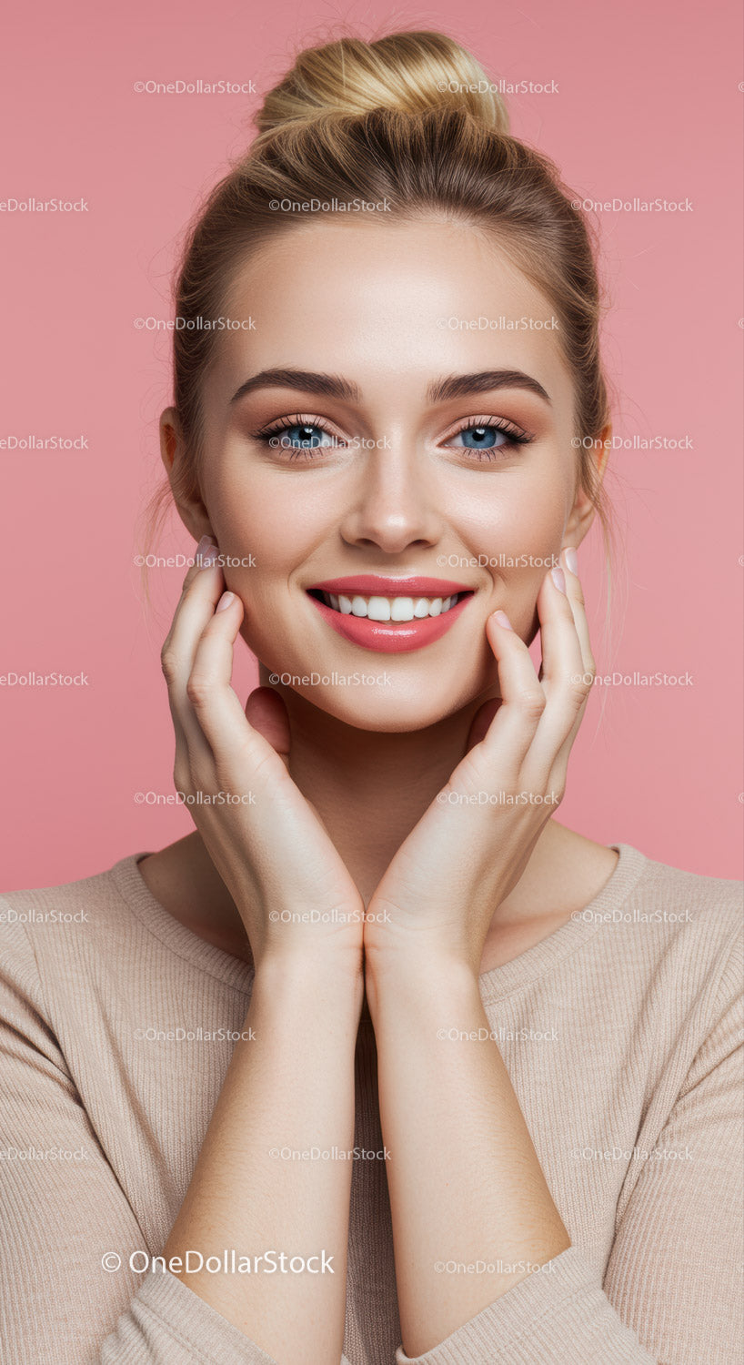 Bright Young Woman with Clear Skin and Blonde Hair Smiling in Pink Background