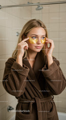 Woman Applying Gold Eye Masks in Relaxing Skincare Routine