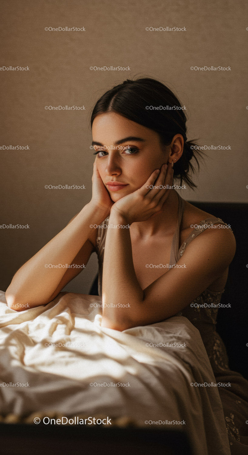 Elegant Young Woman Relaxing in Bedroom with Soft Lighting