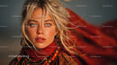 Glamorous Blonde Woman with Blue Eyes Wearing Red Scarf in Studio