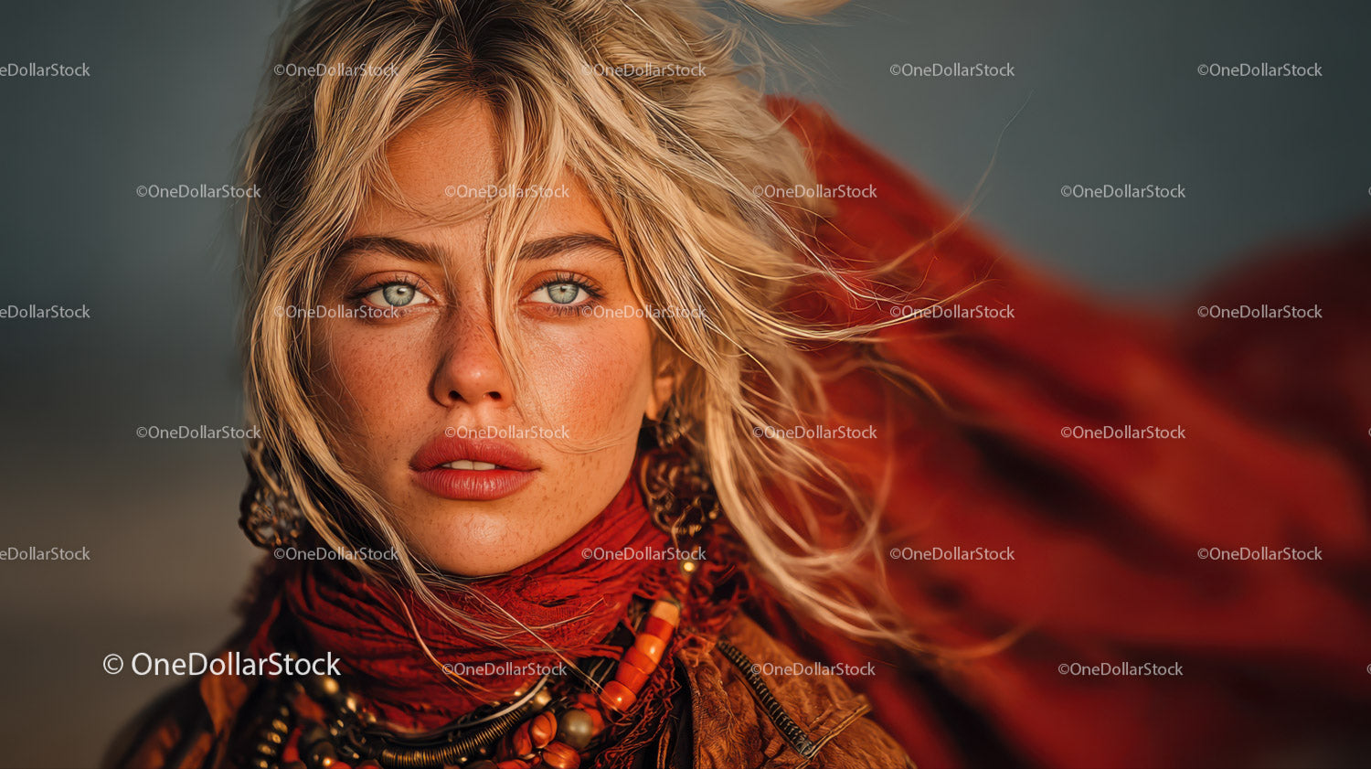 Glamorous Blonde Woman with Blue Eyes Wearing Red Scarf in Studio