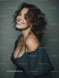 Elegant Woman with Short Wavy Hair Smiling in Studio Portrait