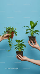 Hands holding various small potted green houseplants