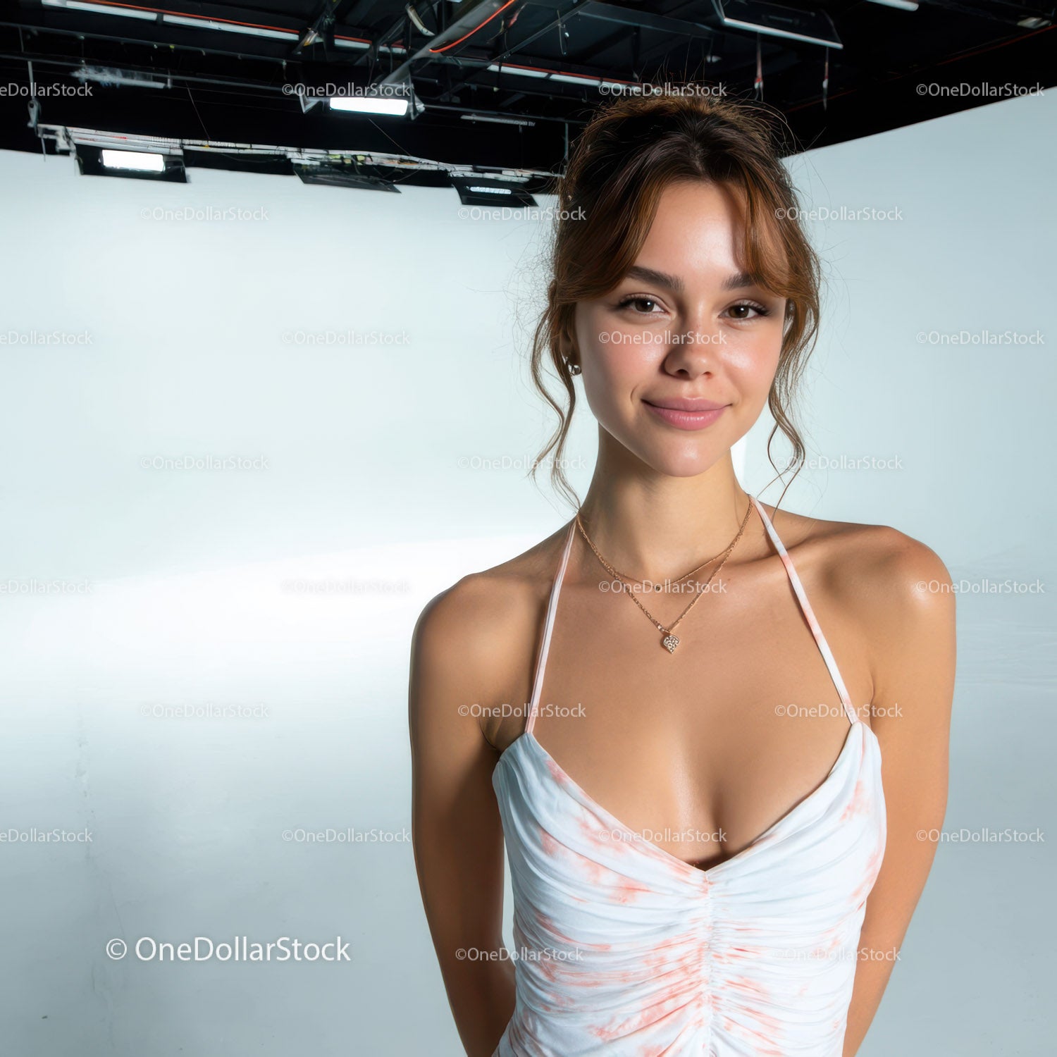 Stylish Young Woman in Summer Outfit Smiling at Studio