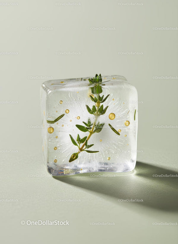 Fresh Herb Preserved Inside a Clear Ice Cube