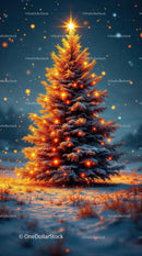 Snowy Christmas Tree Glowing with Warm Lights