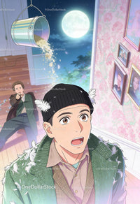 Surprised young man caught in falling bucket scene
