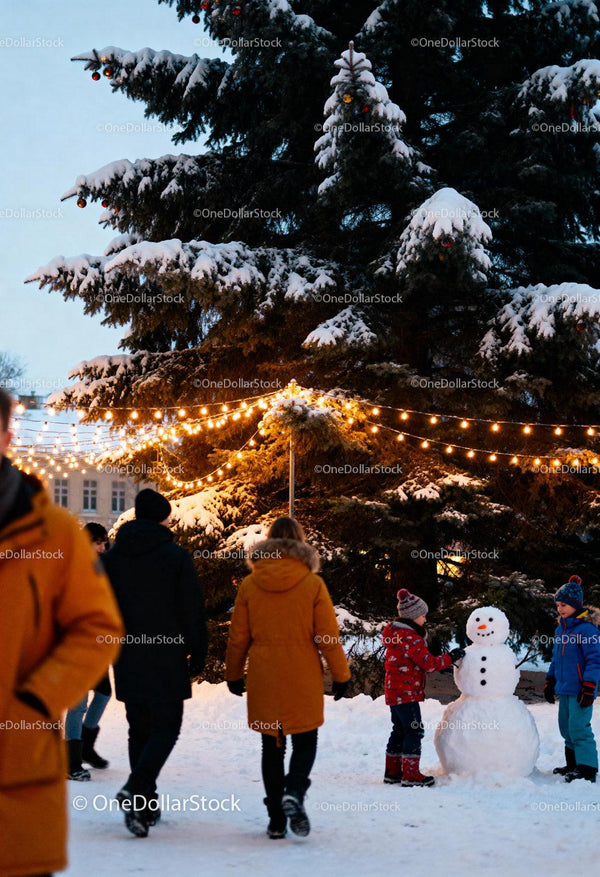 Winter Evening Gathering by Snowy Christmas Tree
