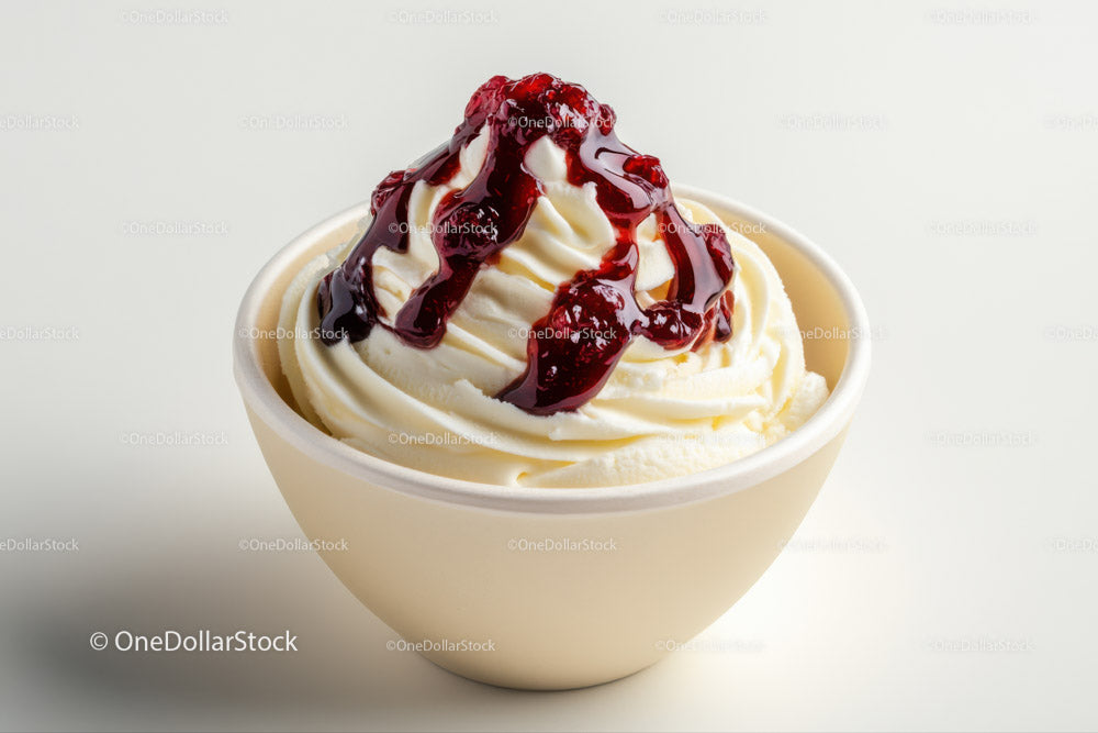Vanilla Ice Cream with Cherry Sauce in a White Bowl