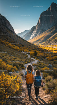 Scenic Mountain Valley with Two Women Hiking through Autumn Landscape