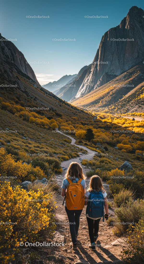 Scenic Mountain Valley with Two Women Hiking through Autumn Landscape